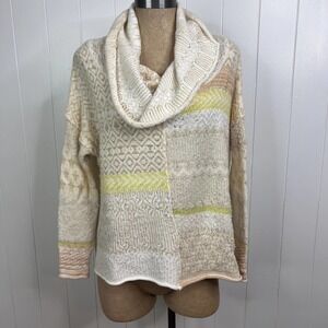 Free People Yellow and Tan Patchwork Oversized Cowl Neck Sweater SZ XS